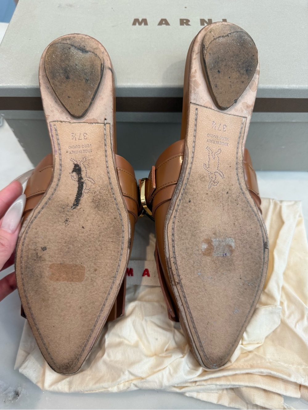 Marni Brown Leather Fringe Mule with Gold Buckle - Picture 4 of 5